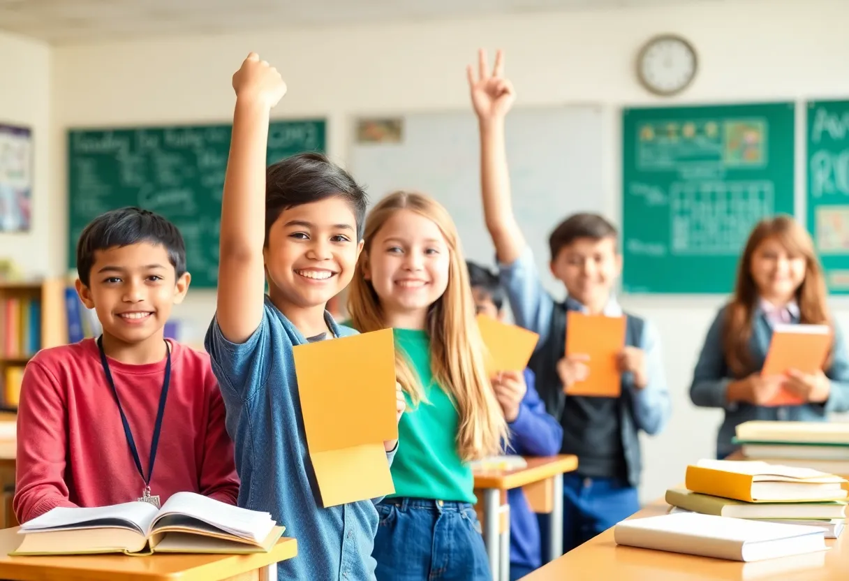 Students celebrating their achievements in a classroom setting