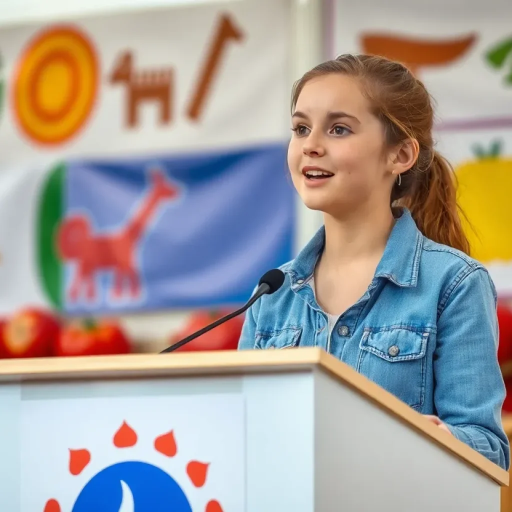 Young female farmer speaking at a podium in an agricultural contest