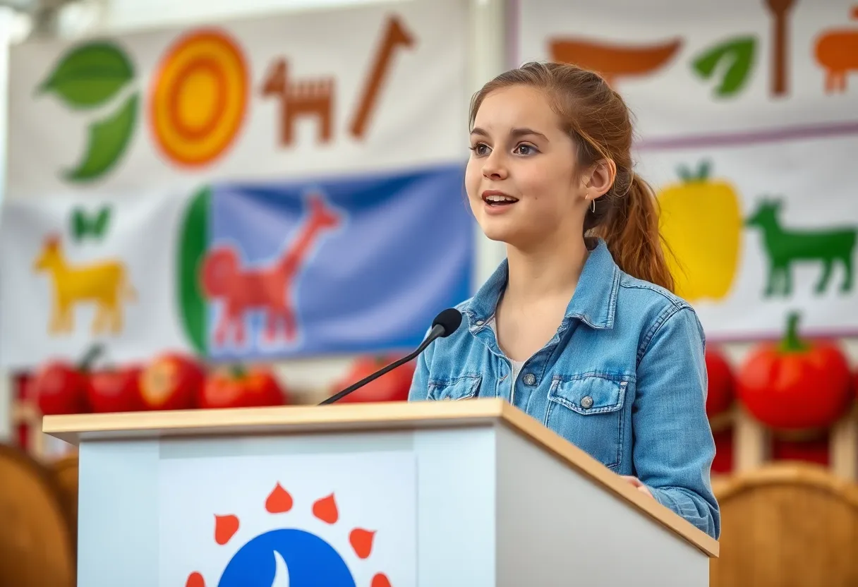 Young female farmer speaking at a podium in an agricultural contest