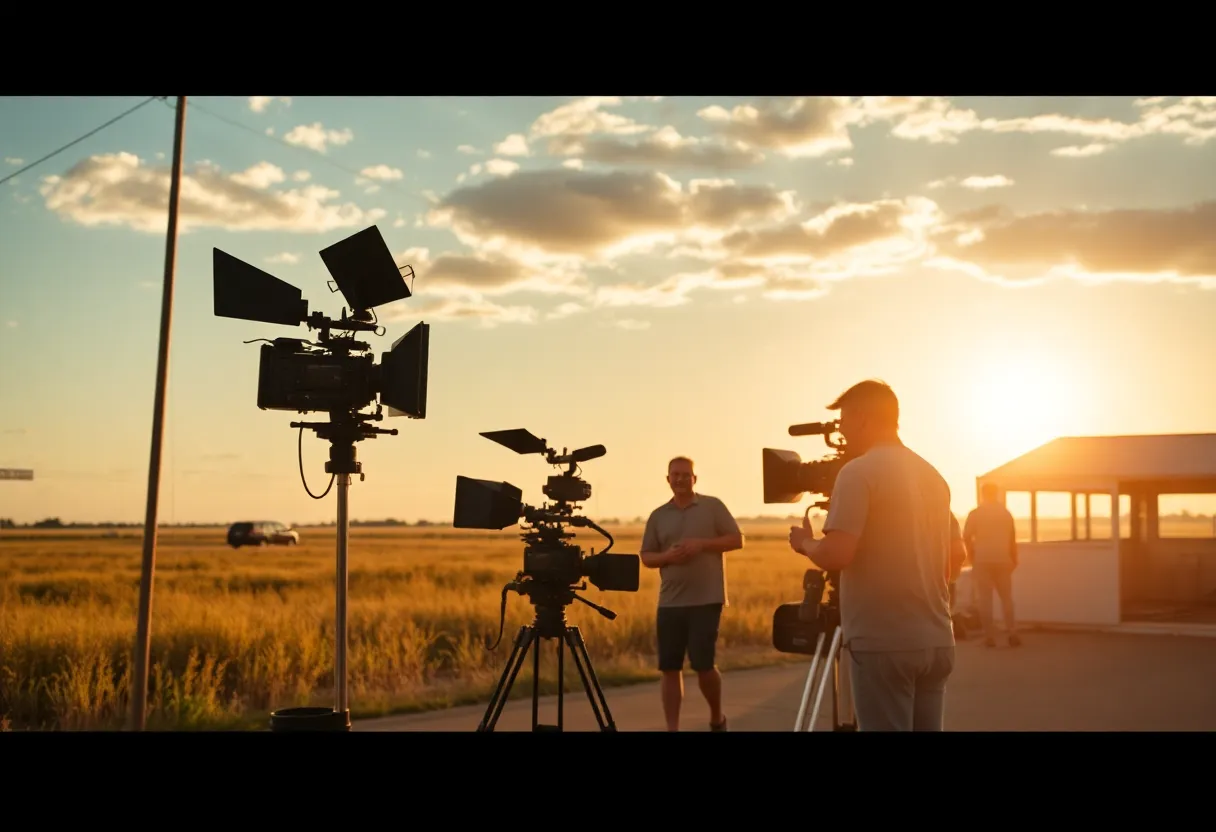 Film set in Louisiana depicting film crew and local landscape
