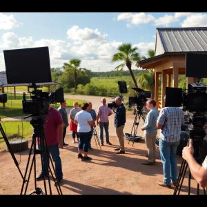 Film production set in Louisiana with crew and equipment