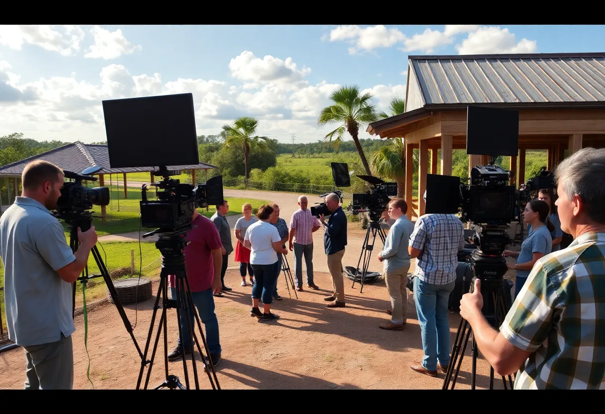 Film production set in Louisiana with crew and equipment