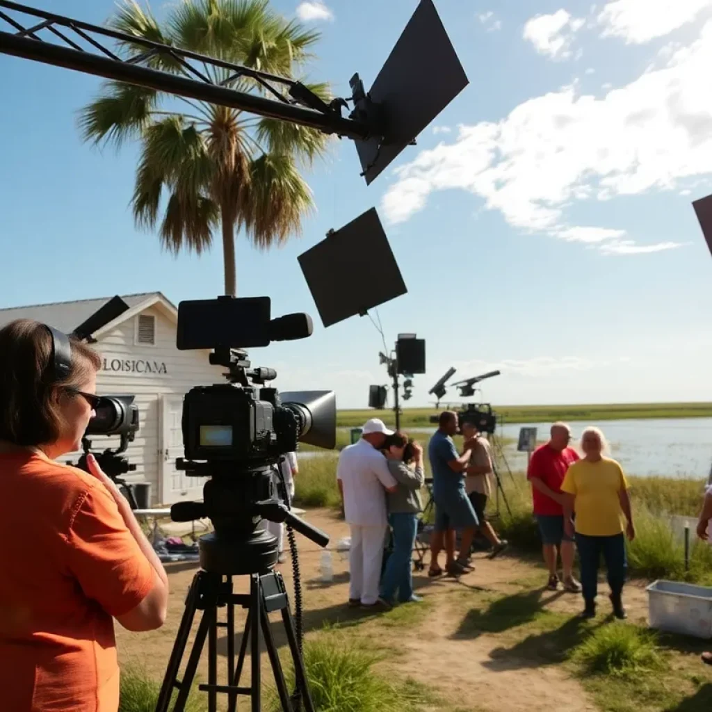 Film crew working on a set in Louisiana