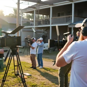 A busy film set in Louisiana with crew members working.