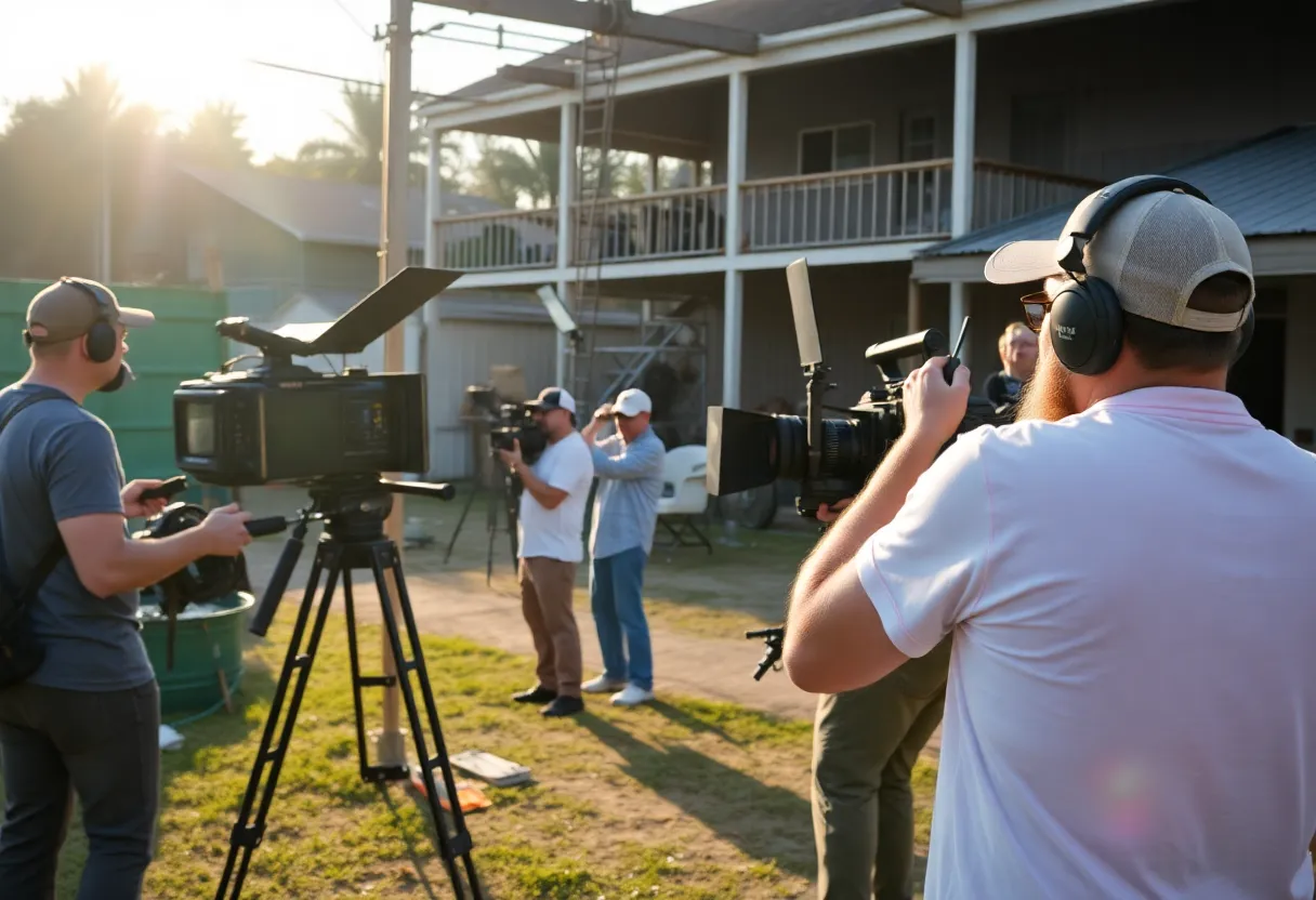 A busy film set in Louisiana with crew members working.