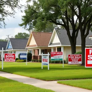 Suburban neighborhood in Louisiana with for sale signs