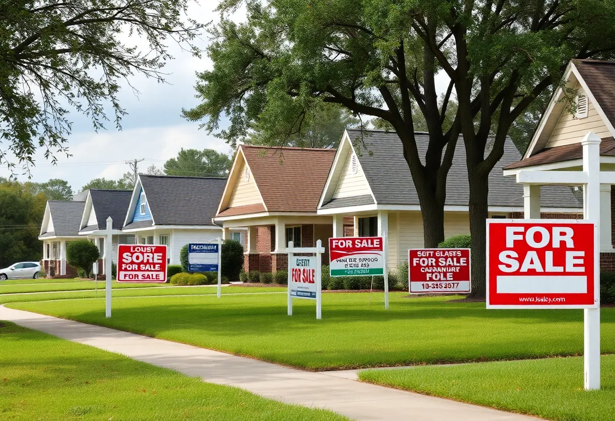 Suburban neighborhood in Louisiana with for sale signs