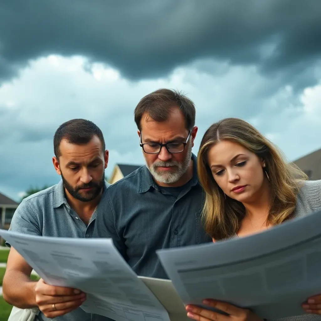 Family reviewing home insurance documents against a stormy backdrop