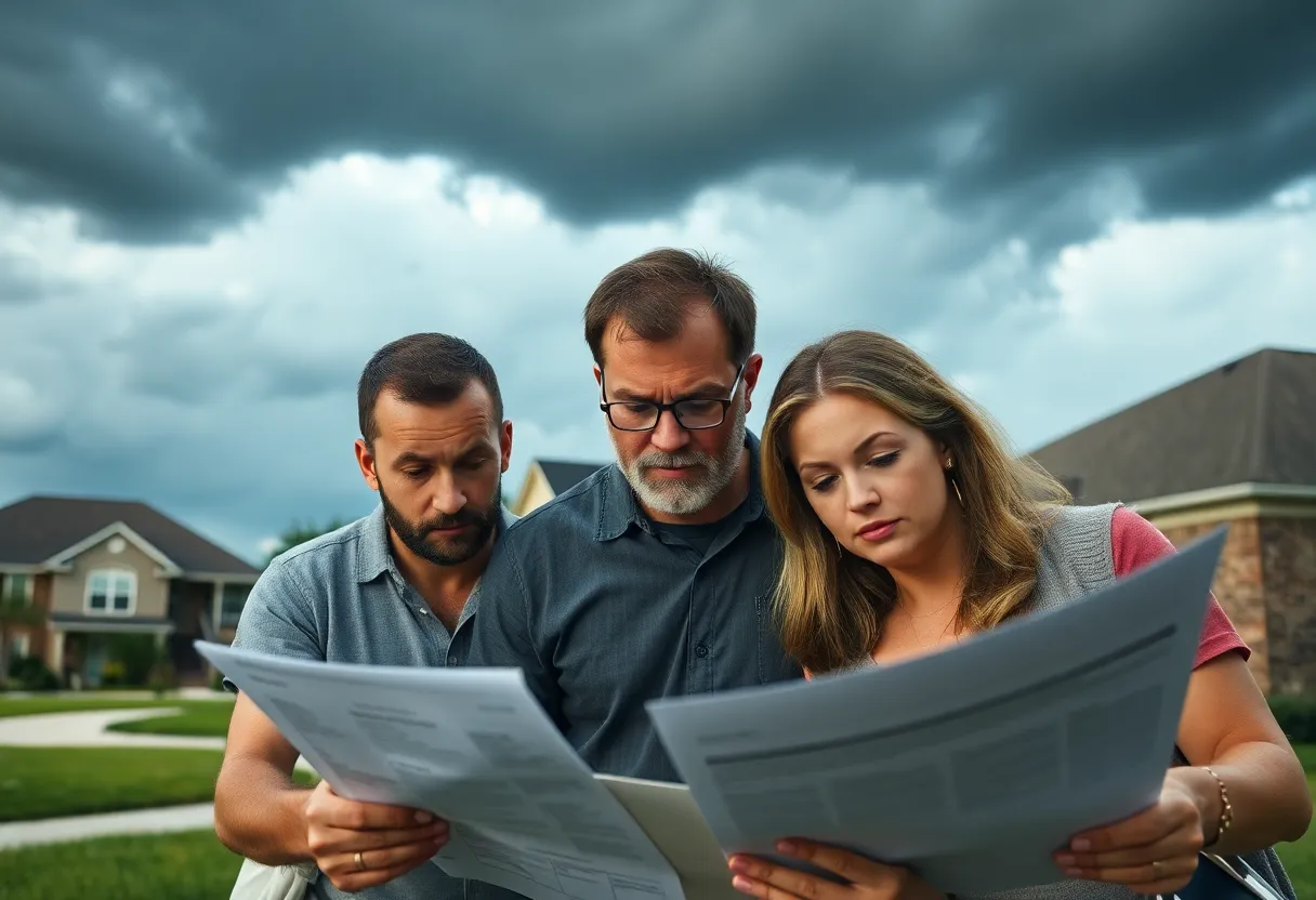 Family reviewing home insurance documents against a stormy backdrop