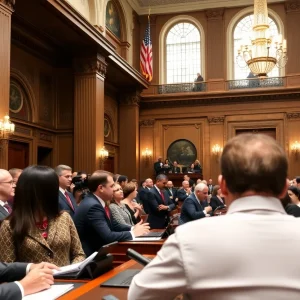 Diverse group of lawmakers collaborating in the Louisiana Legislature.