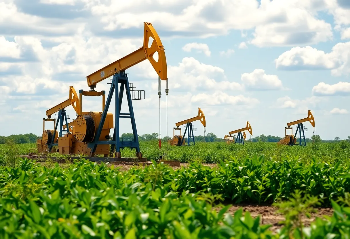 Oil field in Louisiana with oil pumps and vegetation