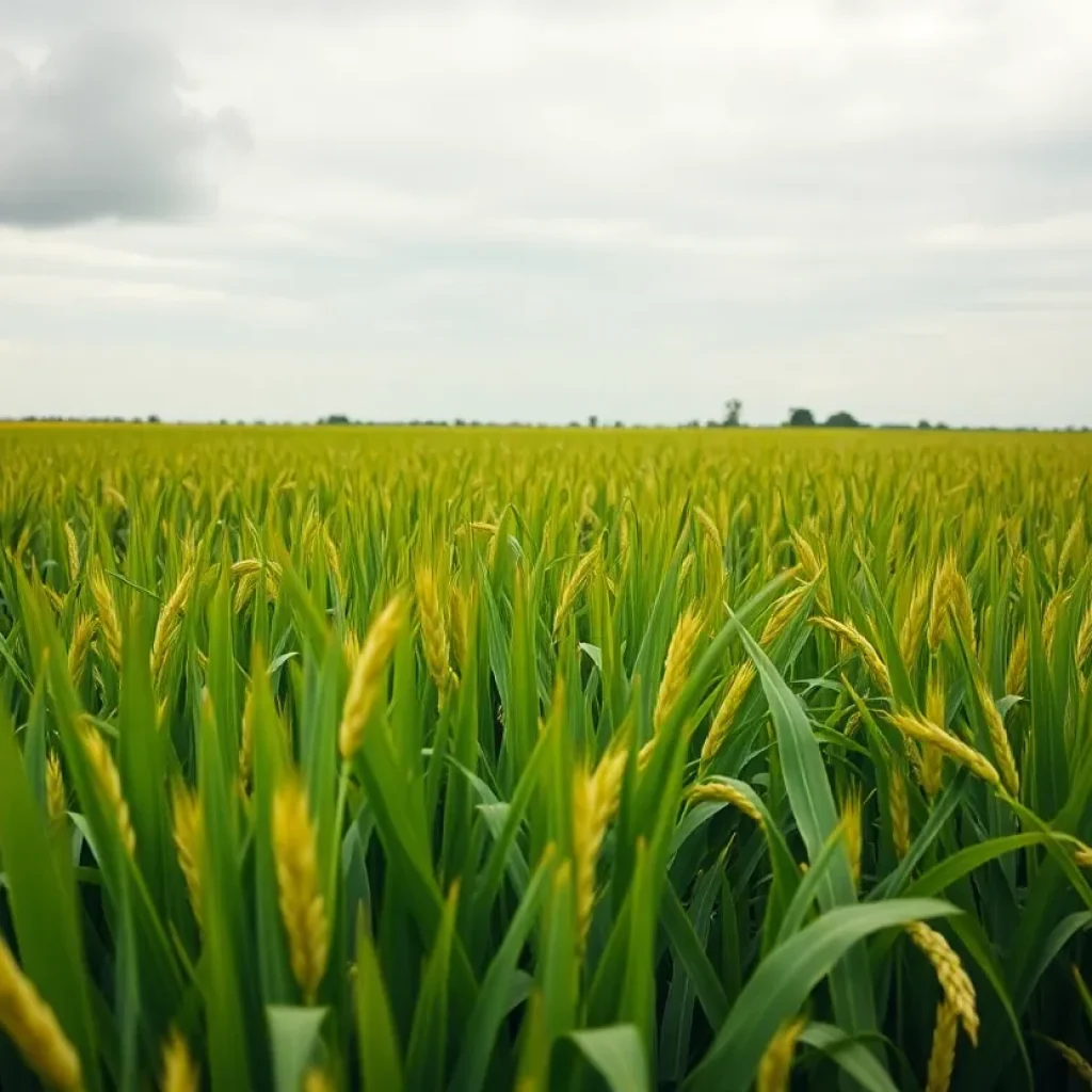 Lush rice field in Louisiana ready for harvest