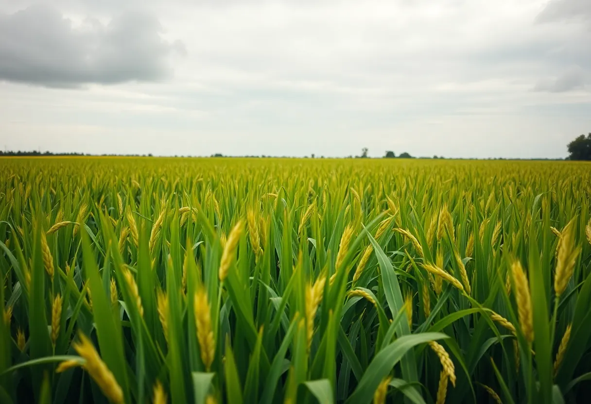 Lush rice field in Louisiana ready for harvest