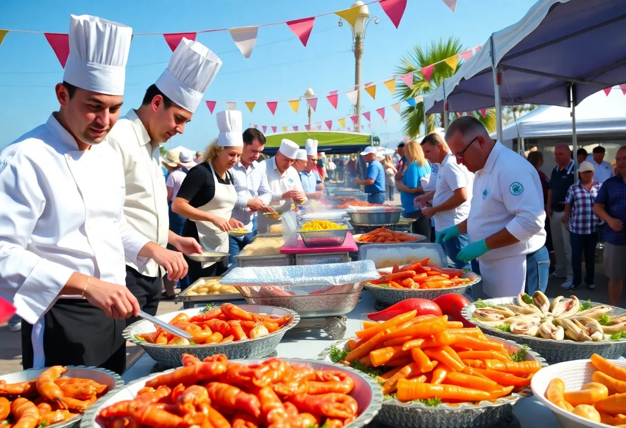 Chefs at the Louisiana Seafood Cook-Off preparing seafood dishes.