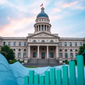 Louisiana State Capitol building with financial charts