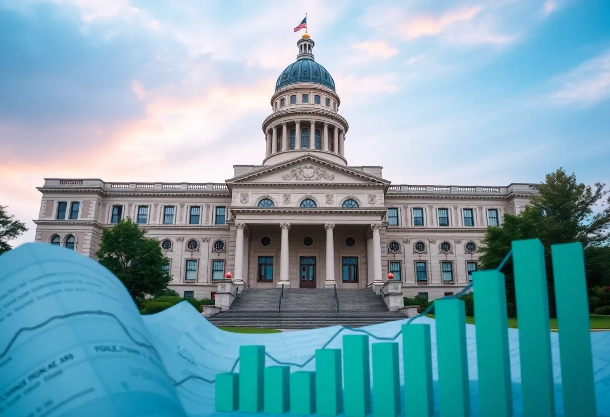Louisiana State Capitol building with financial charts