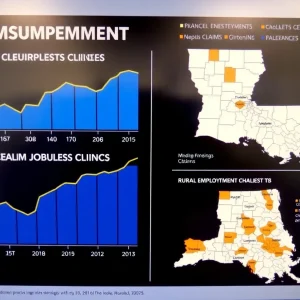 Graph showing the rise in Louisiana unemployment claims and job search requirements.