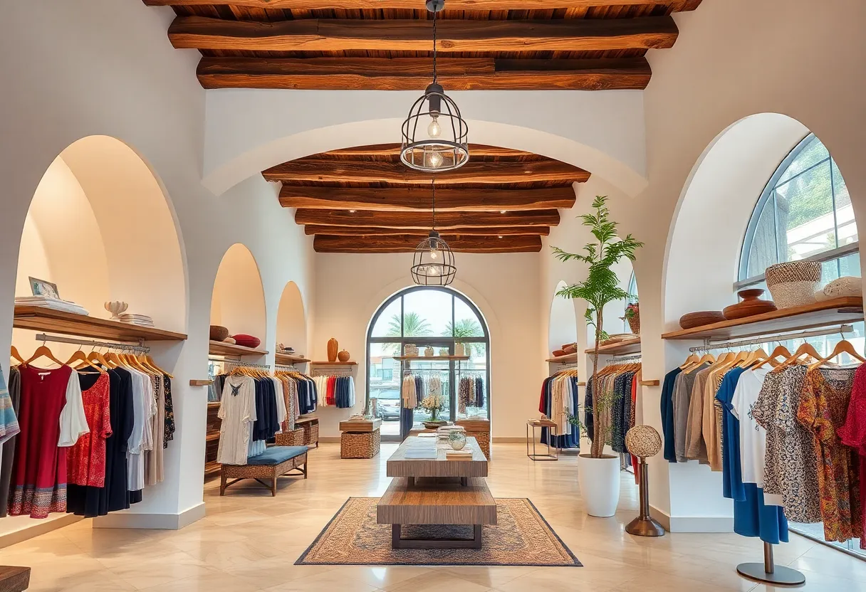 Interior view of the Mango store at Lakeside Shopping Center, showcasing Mediterranean design elements.