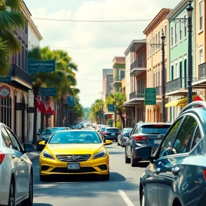 Traffic in New Orleans with cars on the street