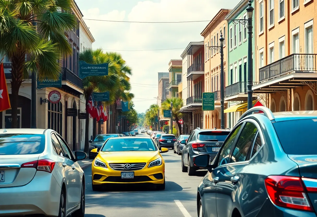 Traffic in New Orleans with cars on the street