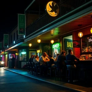 Nighttime view of a bar in New Orleans with people socializing.