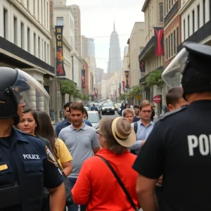 New Orleans city scene depicting police and anxious citizens regarding safety