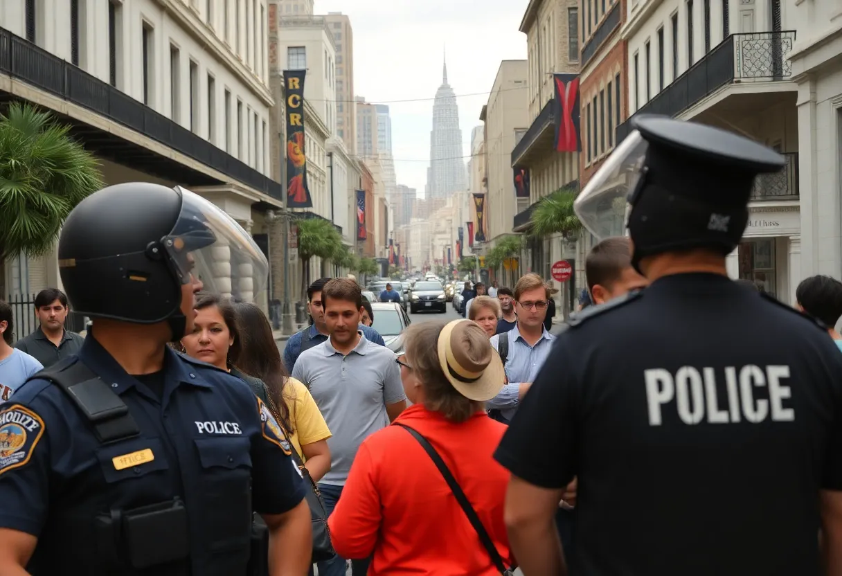 New Orleans city scene depicting police and anxious citizens regarding safety