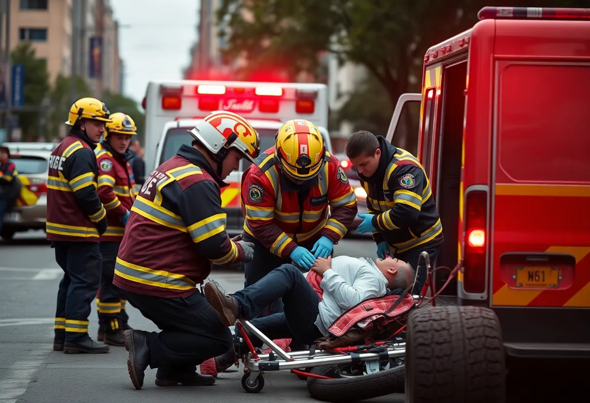 Emergency Medical Service responders treating a patient at an accident scene