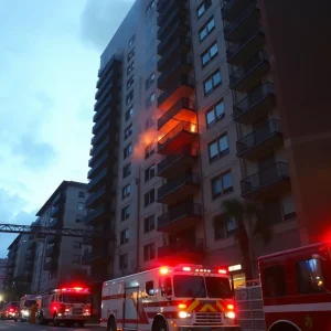 Firefighters responding to a fire incident at a high-rise apartment in New Orleans.