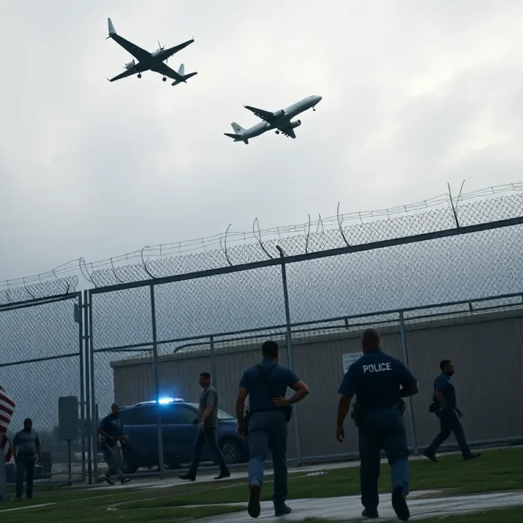 Illustration of a jailbreak scene in New Orleans with police activity