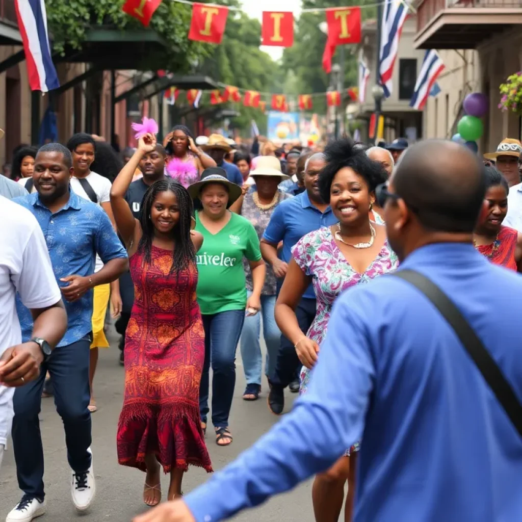 People celebrating Juneteenth in New Orleans with music and cultural displays