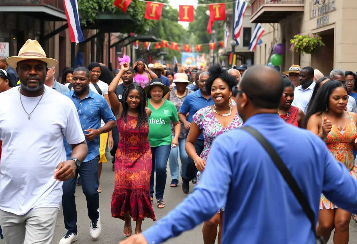 People celebrating Juneteenth in New Orleans with music and cultural displays