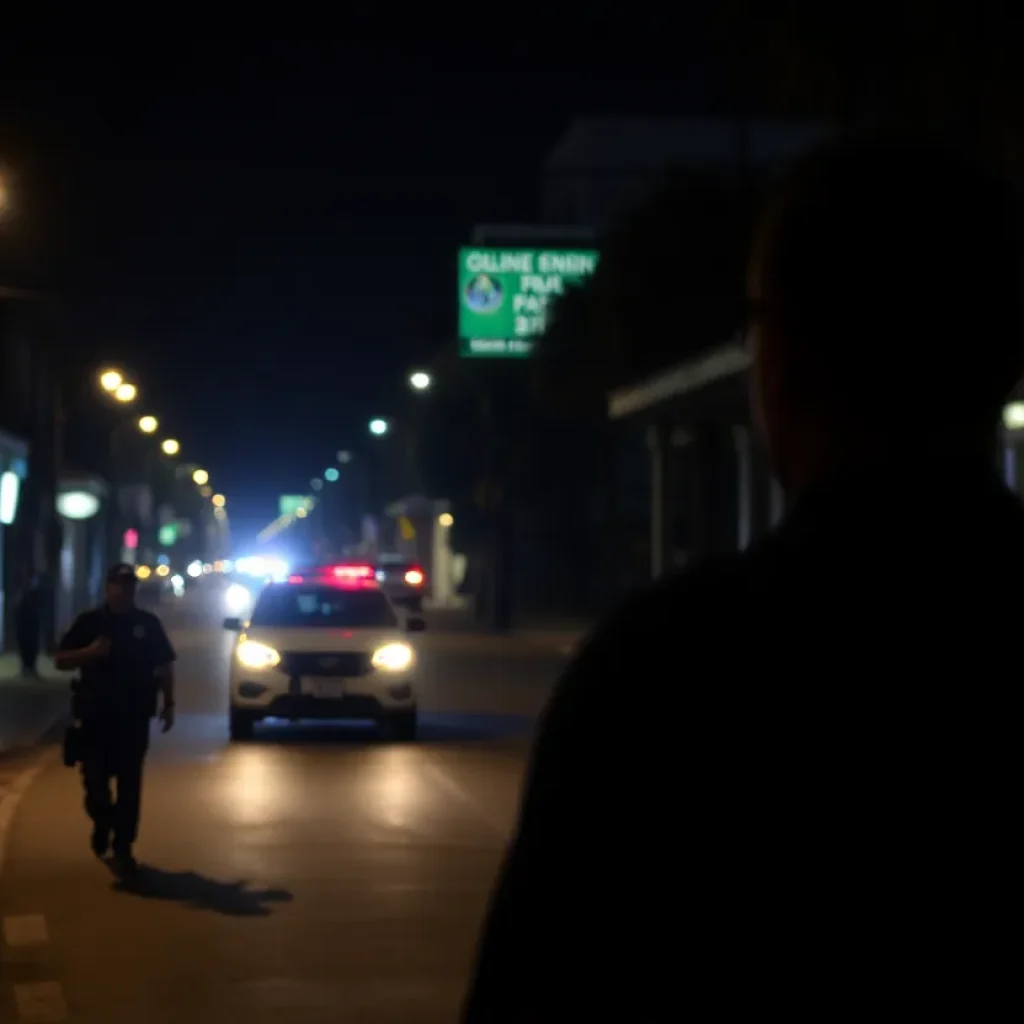 Nighttime urban scene in New Orleans during a police manhunt.