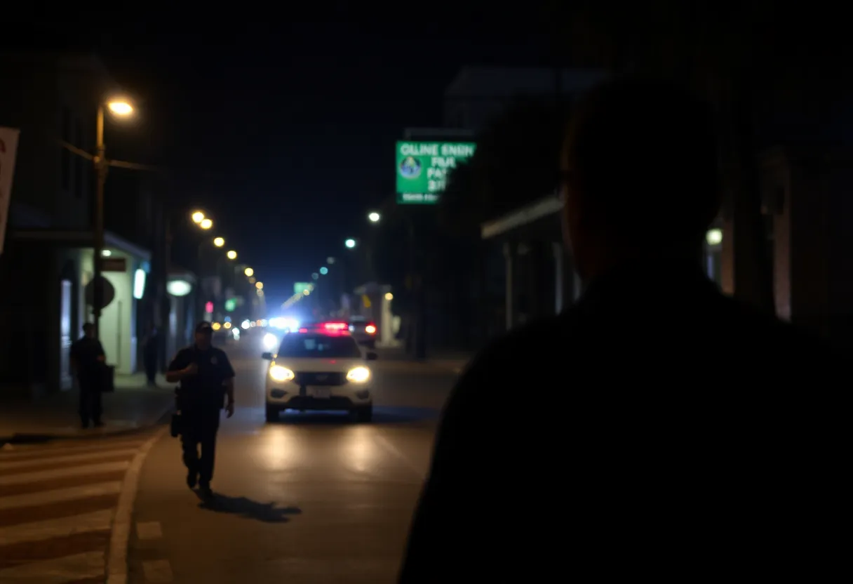 Nighttime urban scene in New Orleans during a police manhunt.
