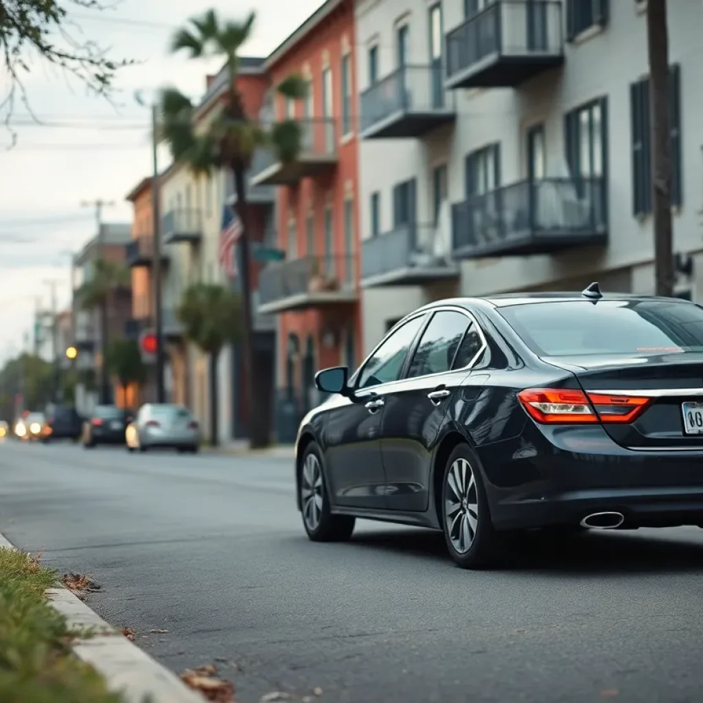 A street in New Orleans with a black sedan parked, capturing the essence of community concern.