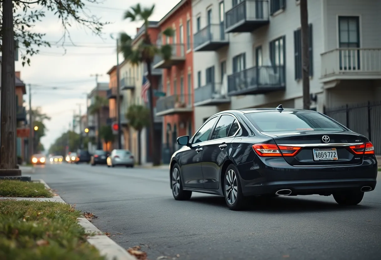 A street in New Orleans with a black sedan parked, capturing the essence of community concern.