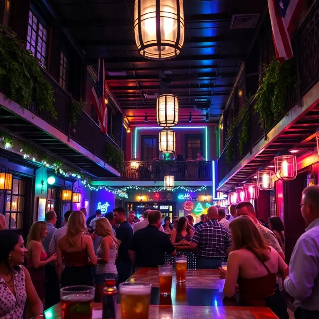 Patrons enjoying drinks at a lively bar in New Orleans