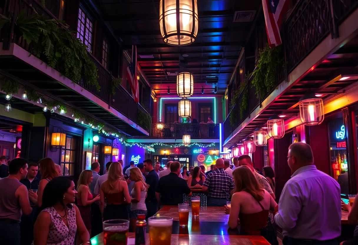 Patrons enjoying drinks at a lively bar in New Orleans
