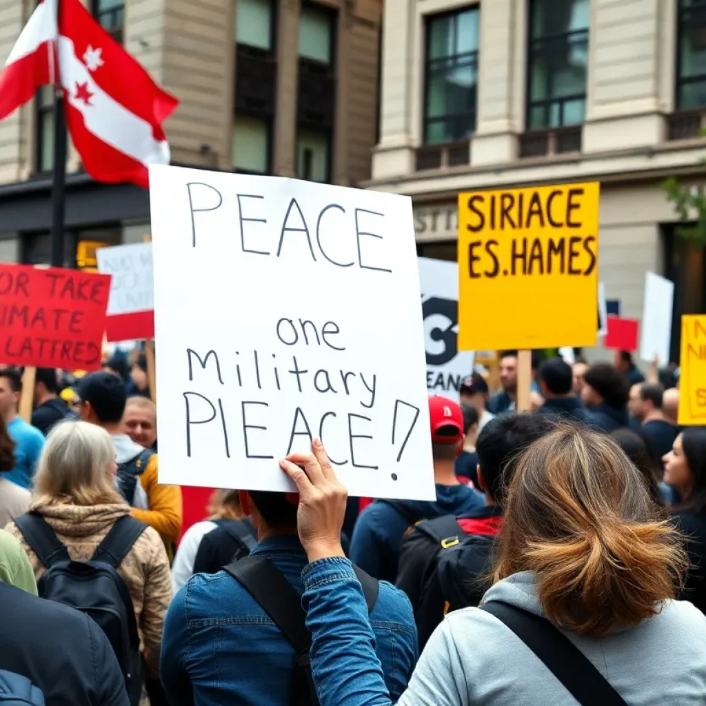 Peace rally in New Orleans featuring diverse protesters advocating against U.S. military actions.