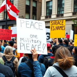 Peace rally in New Orleans featuring diverse protesters advocating against U.S. military actions.