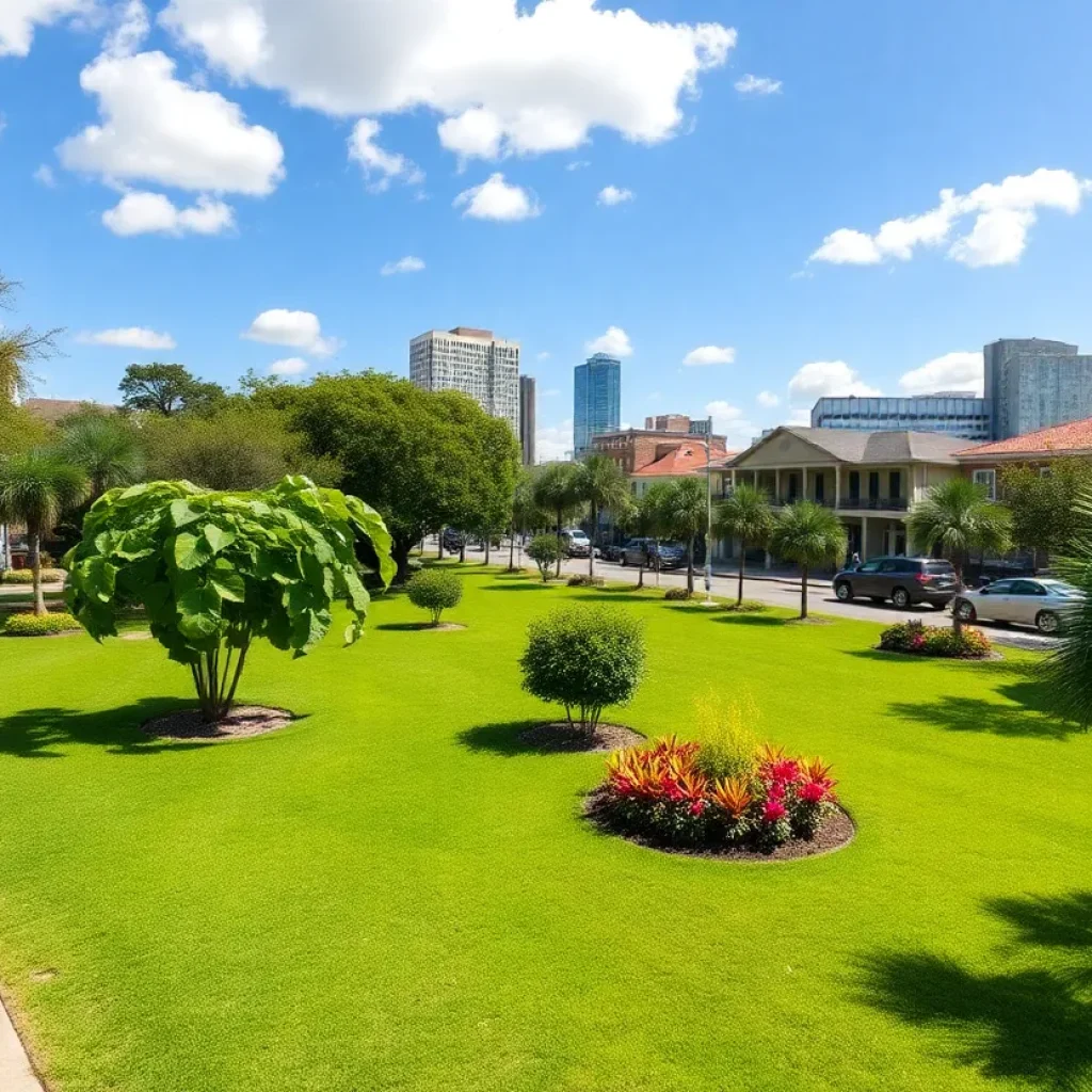 A peaceful view of New Orleans with lush greenery and clear skies