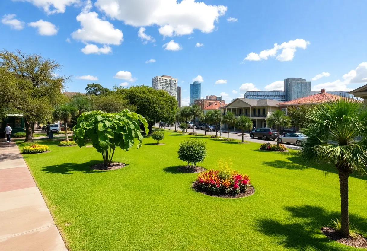A peaceful view of New Orleans with lush greenery and clear skies