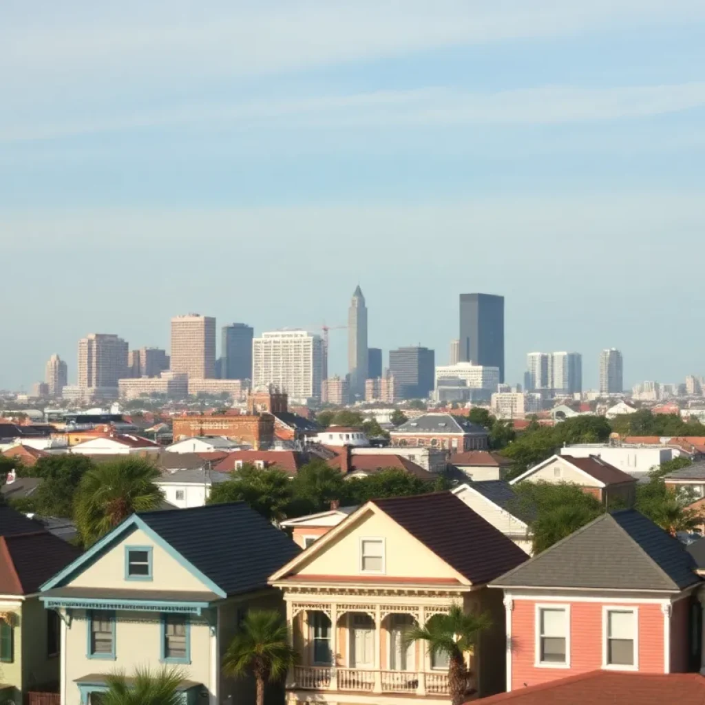 A view of residential houses in New Orleans with city skyline in the background.