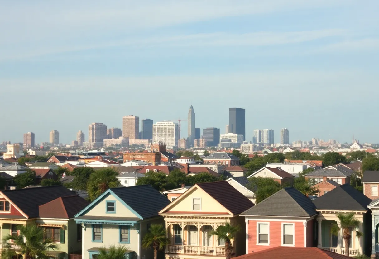 A view of residential houses in New Orleans with city skyline in the background.