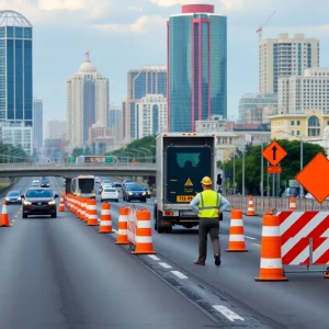 Construction on a highway in New Orleans with visible traffic disruptions.