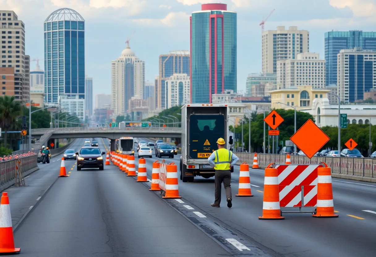 Construction on a highway in New Orleans with visible traffic disruptions.