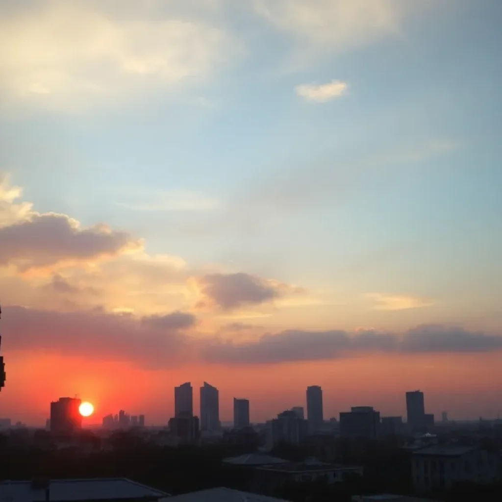 New Orleans skyline with hazy skies during sunset