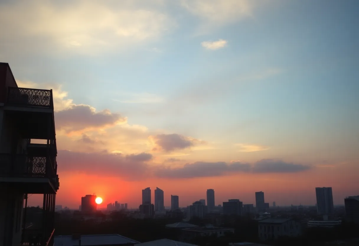 New Orleans skyline with hazy skies during sunset
