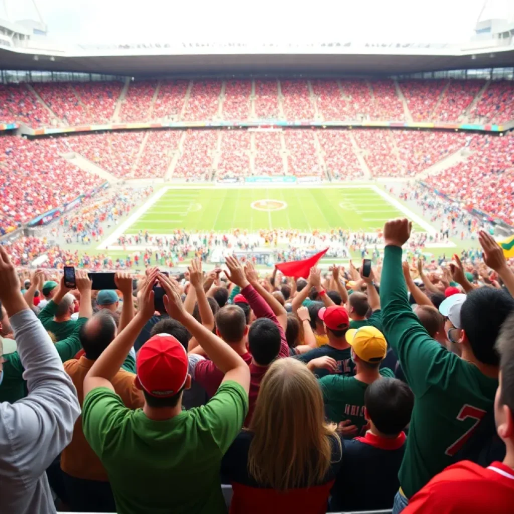 Fans cheering at a New Orleans Saints football game