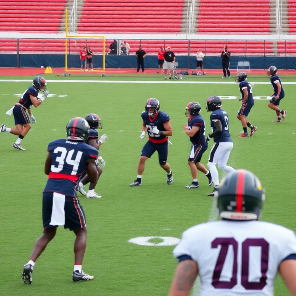 Players in practice uniforms competing during a training session on a football field.
